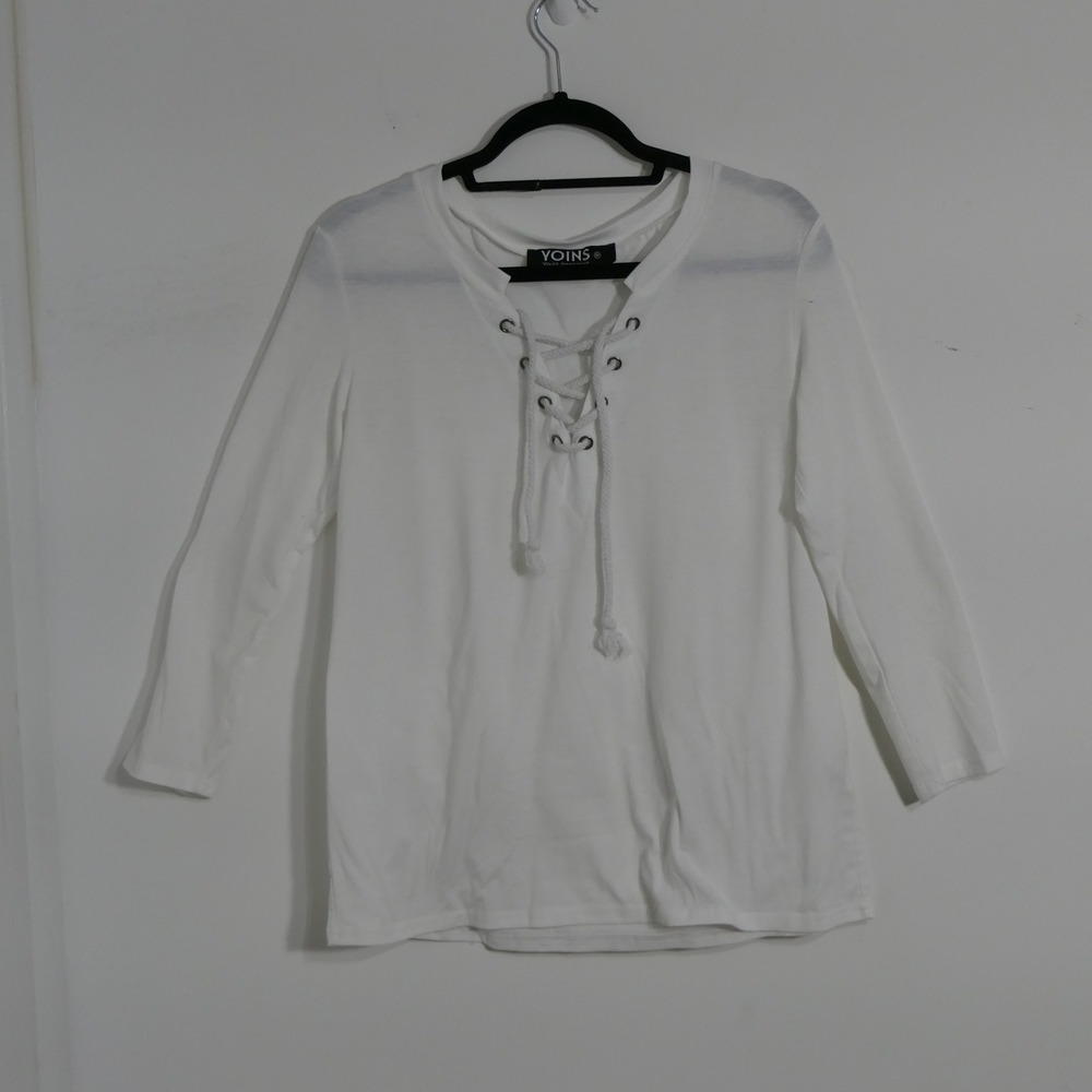 Yoins Women Top M White Lace Up Front Long Sleeve Nautical Boho Clean Girl Basic